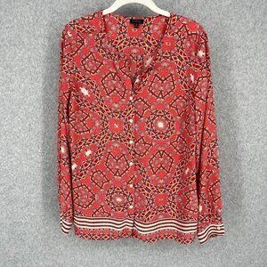 Talbots Long Sleeve Chiffon Blouse Top Size M Pink White Geometric Boho Barbie